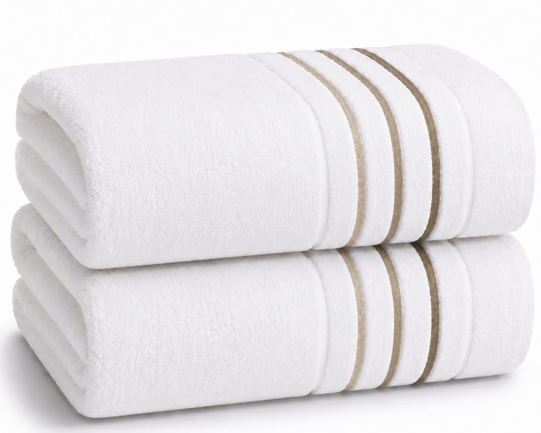 Bath Towels Set for Bathroom – Luxury 6-Piece Cotton Towels, Soft Absorbent & Quick Dry, 600 GSM Bath Towels for Bathroom, Hotel Spa Quality (White/Taupe, 6- Bath Towel Set)
