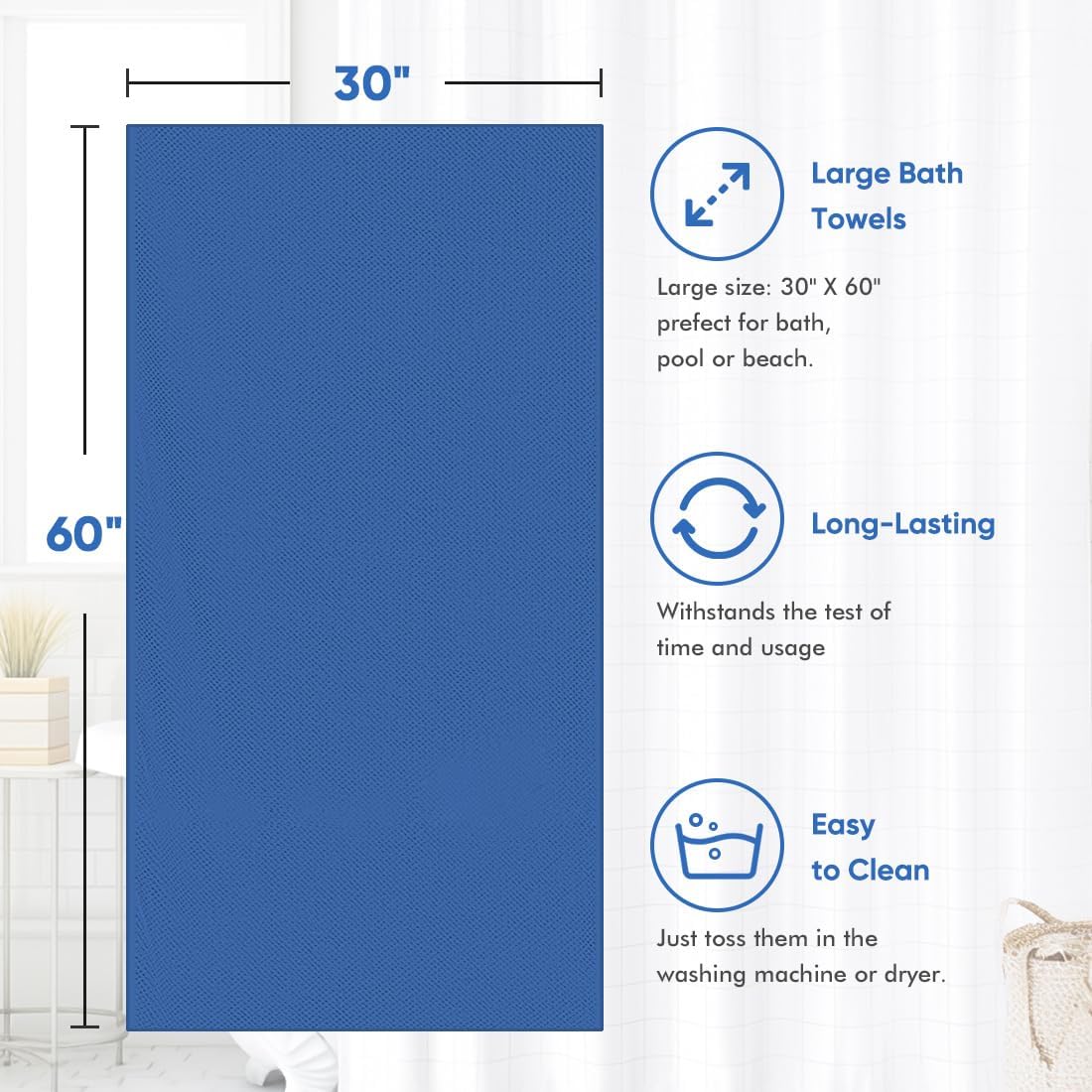 HOMEXCEL 4PK Bath Towel Set, 30x60 in, Absorbent Large Towels for Bathroom