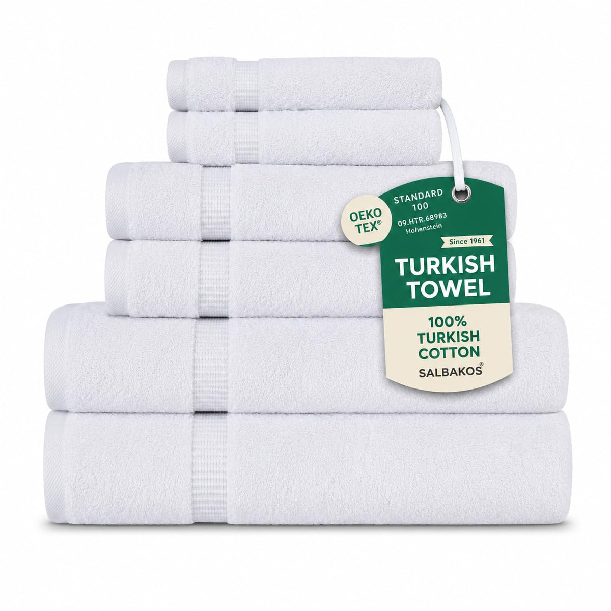 SALBAKOS 6-Piece 100% Turkish Cotton Hand Towels, 16x30 inch, White