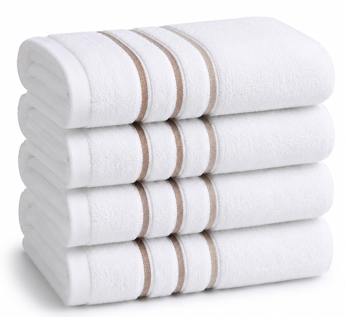 Bath Towels Set for Bathroom – Luxury 6-Piece Cotton Towels, Soft Absorbent & Quick Dry, 600 GSM Bath Towels for Bathroom, Hotel Spa Quality (White/Taupe, 6- Bath Towel Set)