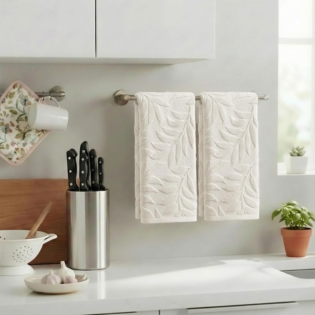 Artoid Mode 2 Pcs Beige 3D Leaves Jacquard Hand Towels for Bathroom, 100% Cotton Soft Absorbent Bathroom Decor Towels, 13.7 x 29.5 Inch