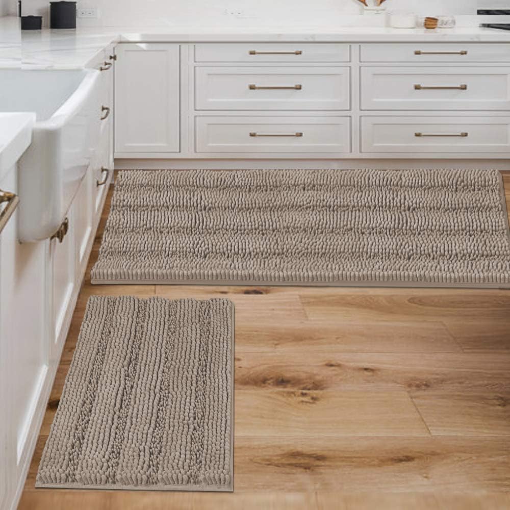 H.VERSAILTEX Sage Bathroom Rugs, Bath Mat Set of 2 Extra Thick Chenille Striped Pattern Shaggy Bath Rugs for Bath Room, Non Skid Bath Mats for Bathroom Floor (32 x 20 Plus 24 x 17 - Inches)