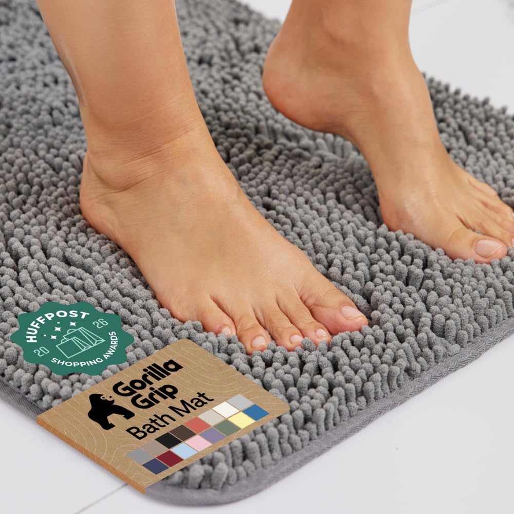 GORILLA GRIP Bath Rug Mat for Bathroom, Absorbent Chenille, 24x17 Gray