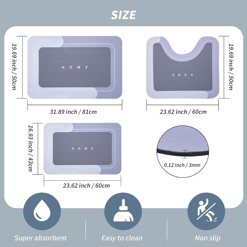 Housego Absorbent Bath Mat, Quick Dry Bath Rug, Non-Slip, 3PCS, Blue