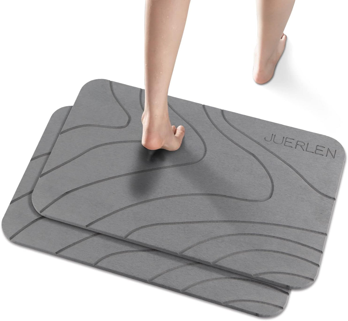 JUERLEN 2 Pack Diatomaceous Earth Shower Mat, Stone Bath Mat, Nonslip Super Absorbent Fast-Drying Hard Bath Mat for Bathroom Shower Floor, 24 x 16 inch, Grey Wave Design