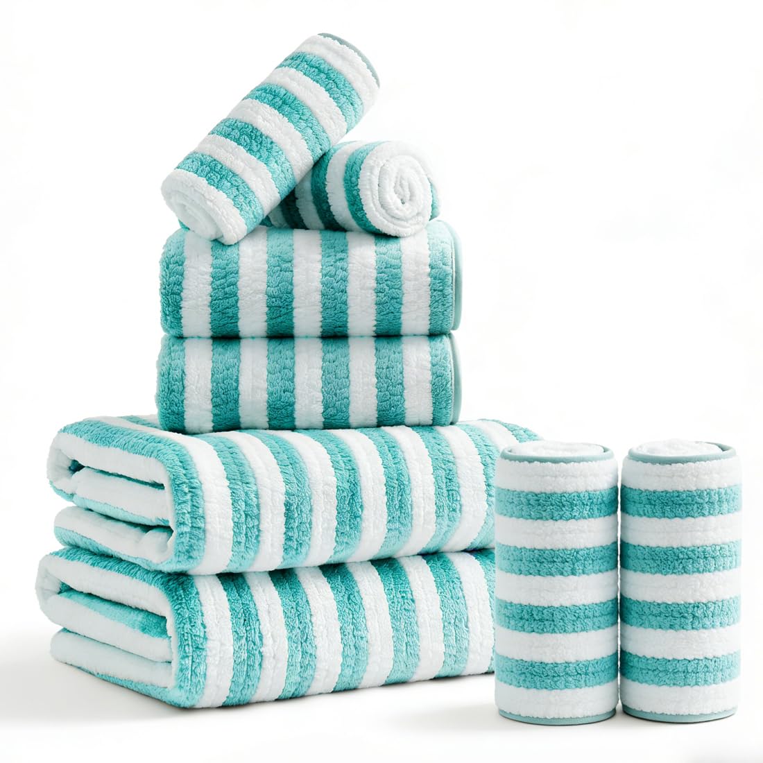 8 Pcs Brown Cabana Stripe Large Bath Towel Set-2 Bathroom Towels,2 Hand Towels,4 Washcloths Lightweight Soft Microfiber Bath Sheet Absorbent Shower Towel Quick Dry Beach Chair Spa Gym Hotel Towels