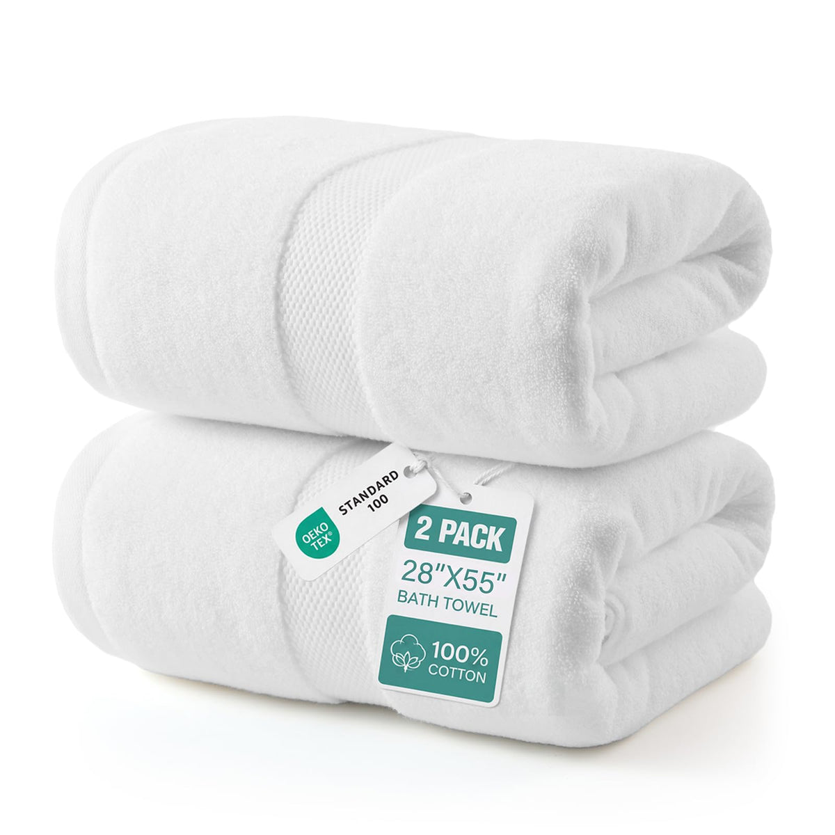 ecolook 2 Pack 100% Cotton Bath Towels, 28 x 55 Inches, Soft