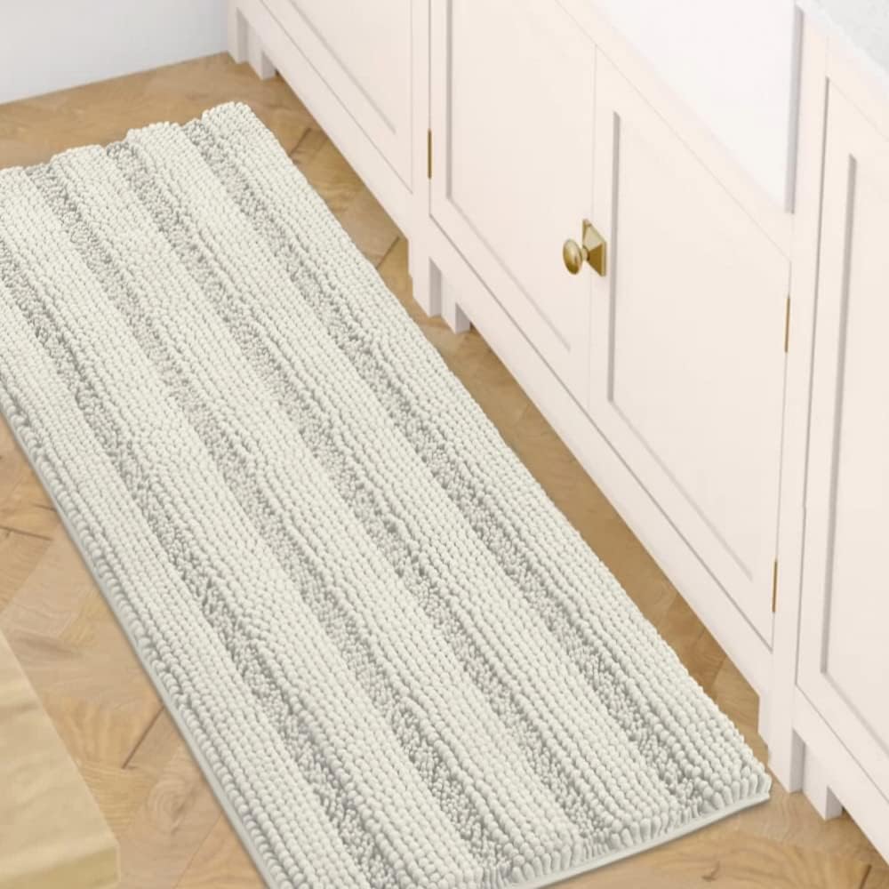 H.VERSAILTEX Sage Bathroom Rugs, Bath Mat Set of 2 Extra Thick Chenille Striped Pattern Shaggy Bath Rugs for Bath Room, Non Skid Bath Mats for Bathroom Floor (32 x 20 Plus 24 x 17 - Inches)