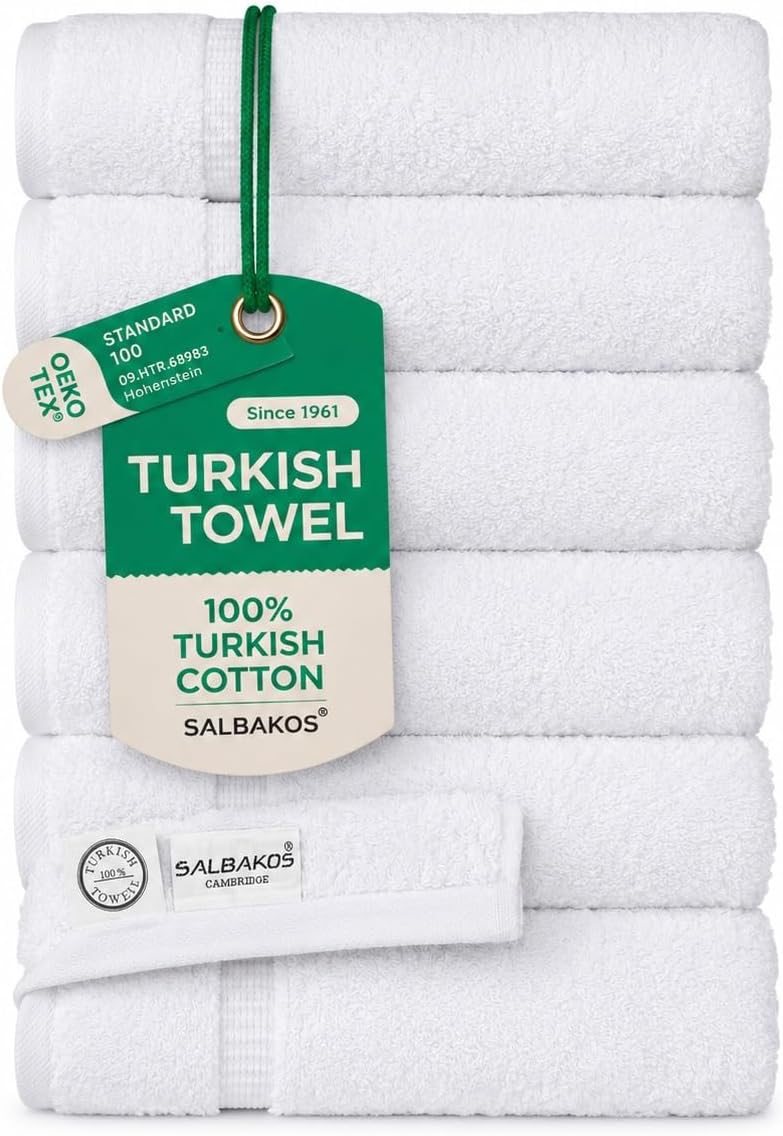 SALBAKOS 6-Piece 100% Turkish Cotton Hand Towels, 16x30 inch, White