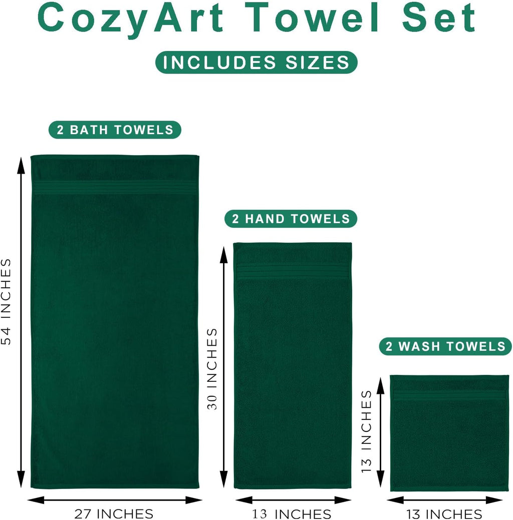 COZYART Luxury Bath Towel Set 6 Pcs, Dark Green 100% Turkish Cotton 650 GSM