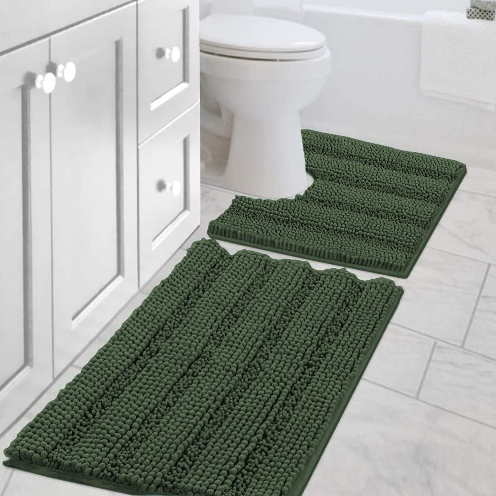 H.VERSAILTEX Sage Bathroom Rugs, Bath Mat Set of 2 Extra Thick Chenille Striped Pattern Shaggy Bath Rugs for Bath Room, Non Skid Bath Mats for Bathroom Floor (32 x 20 Plus 24 x 17 - Inches)