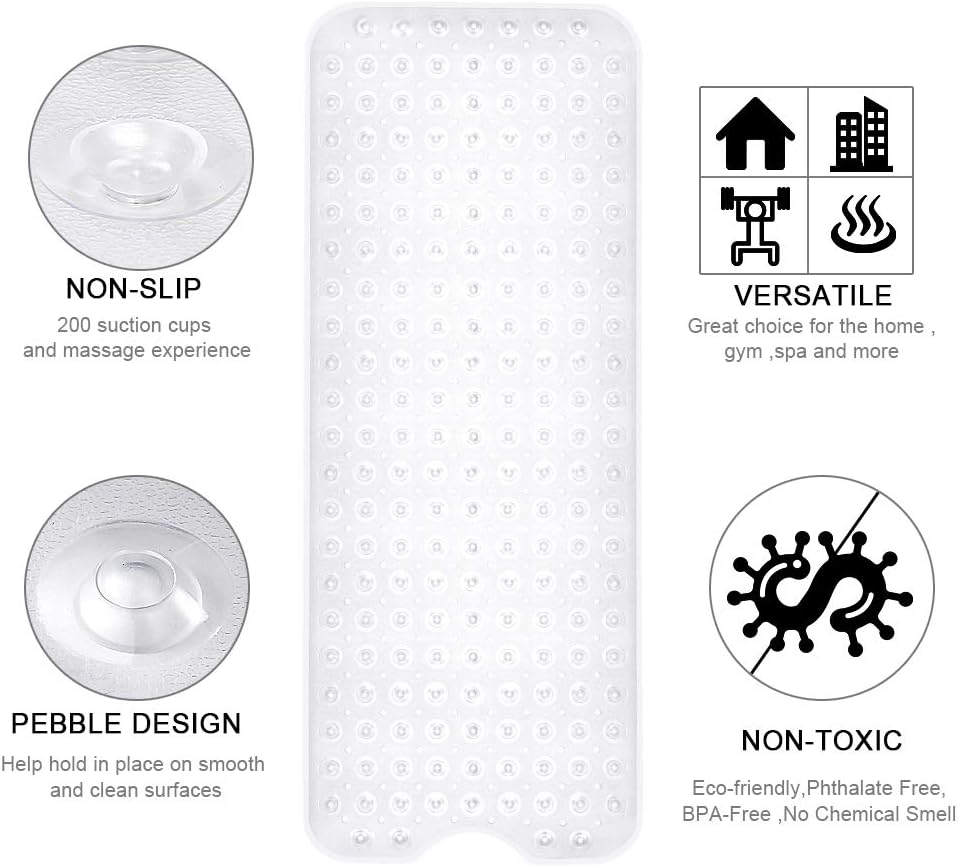 YINENN Bath and Shower Safety Mats 40x16 inch, Non Slip with Suction Cups for Bathroom Stall and Tub Floor, Extra Large and Machine Washable, Drain Holes Keep Bathtub Clean, Clear