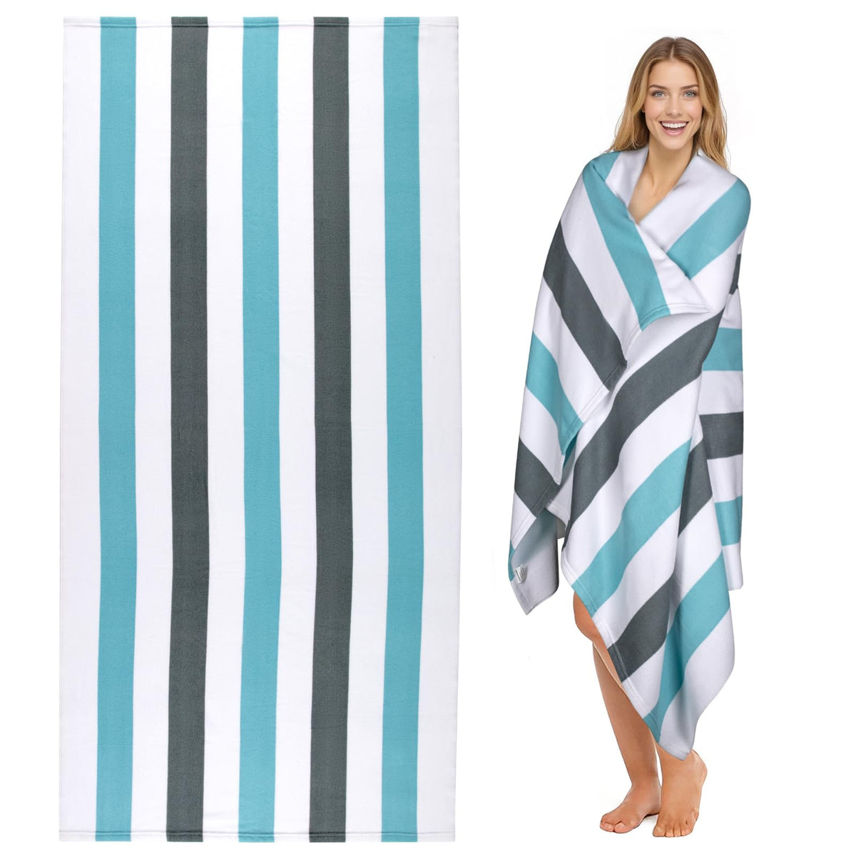 cabanana Large Oversized Beach Towel - Microfiber Sand Free 35 x 70 Inch Quick Dry Lightweight Pool Towel for Adults, Thin Striped Swim Towel (Black)