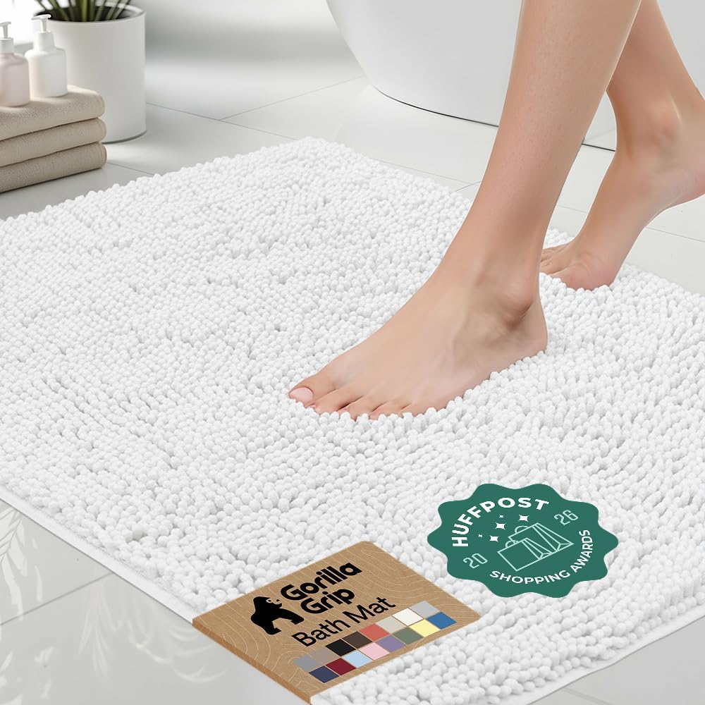 GORILLA GRIP Bath Rug Mat for Bathroom, Absorbent Chenille, 24x17 Gray