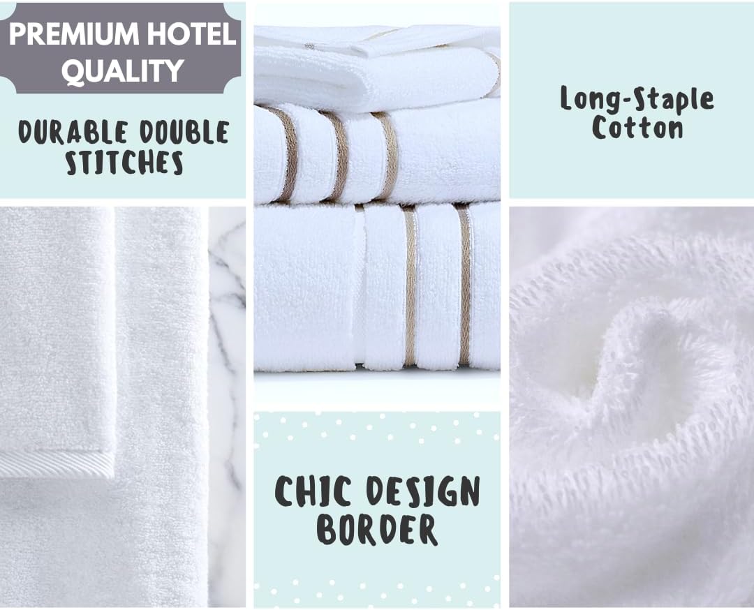 Bath Towels Set for Bathroom – Luxury 6-Piece Cotton Towels, Soft Absorbent & Quick Dry, 600 GSM Bath Towels for Bathroom, Hotel Spa Quality (White/Taupe, 6- Bath Towel Set)
