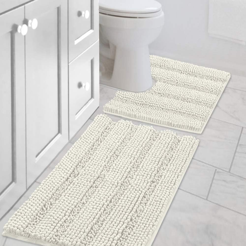 H.VERSAILTEX Sage Bathroom Rugs, Bath Mat Set of 2 Extra Thick Chenille Striped Pattern Shaggy Bath Rugs for Bath Room, Non Skid Bath Mats for Bathroom Floor (32 x 20 Plus 24 x 17 - Inches)