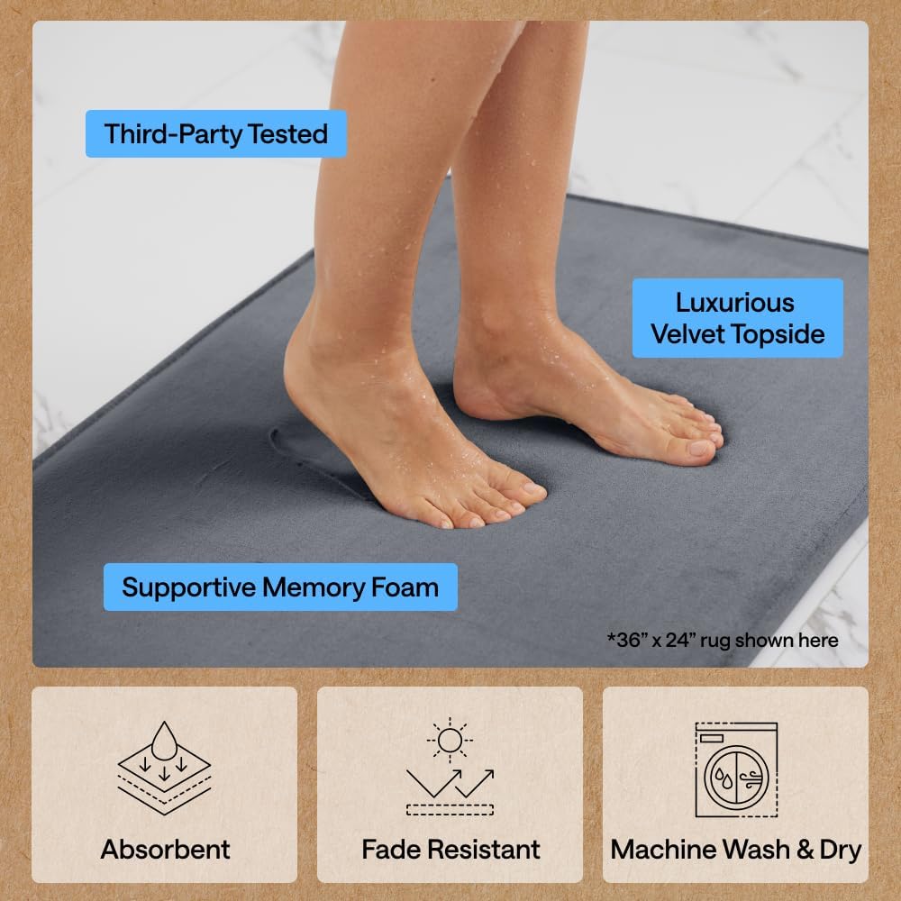 GORILLA GRIP® Memory Foam Bath Rug for Bathroom, 24x17 Gray