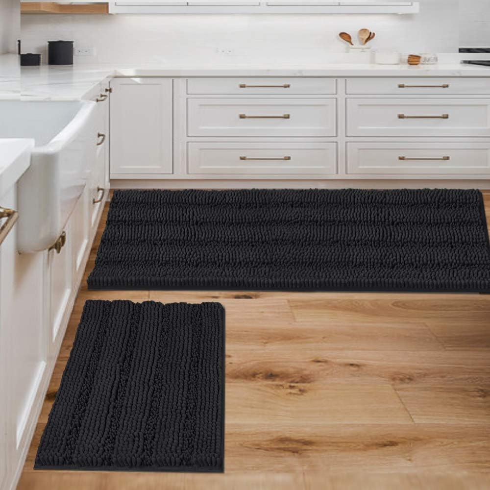 H.VERSAILTEX Sage Bathroom Rugs, Bath Mat Set of 2 Extra Thick Chenille Striped Pattern Shaggy Bath Rugs for Bath Room, Non Skid Bath Mats for Bathroom Floor (32 x 20 Plus 24 x 17 - Inches)