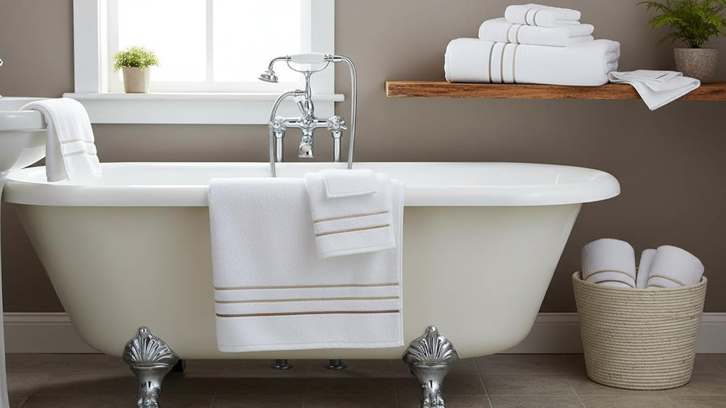 Bath Towels Set for Bathroom – Luxury 6-Piece Cotton Towels, Soft Absorbent & Quick Dry, 600 GSM Bath Towels for Bathroom, Hotel Spa Quality (White/Taupe, 6- Bath Towel Set)