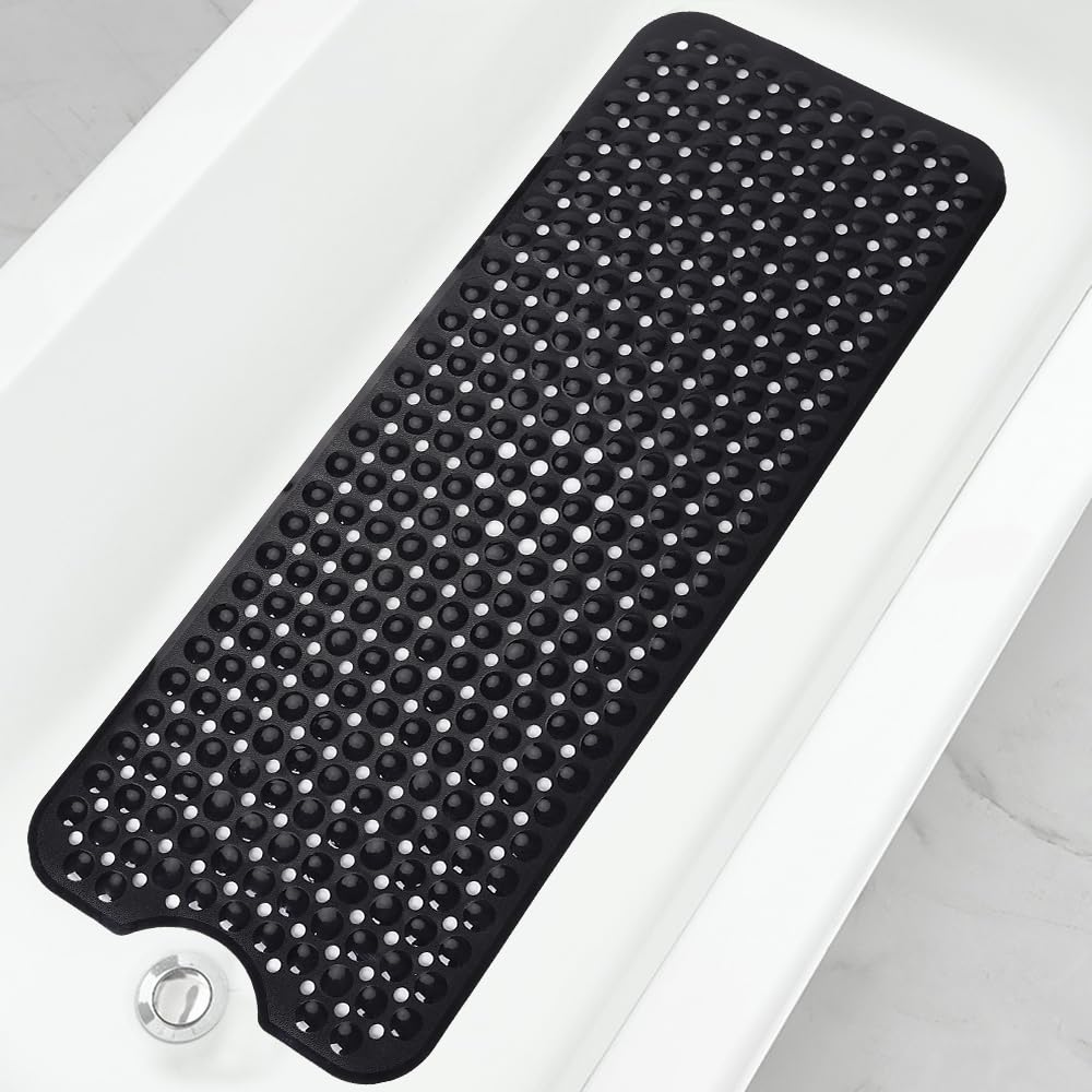 Bathtub and Shower Mats, 40x16 Inch Extra Large Non Slip Soft Bath Tub Mat with Suction Cups and Drain Holes for Bathroom Floor and Keep Tubs Clean, Machine Washable, Black