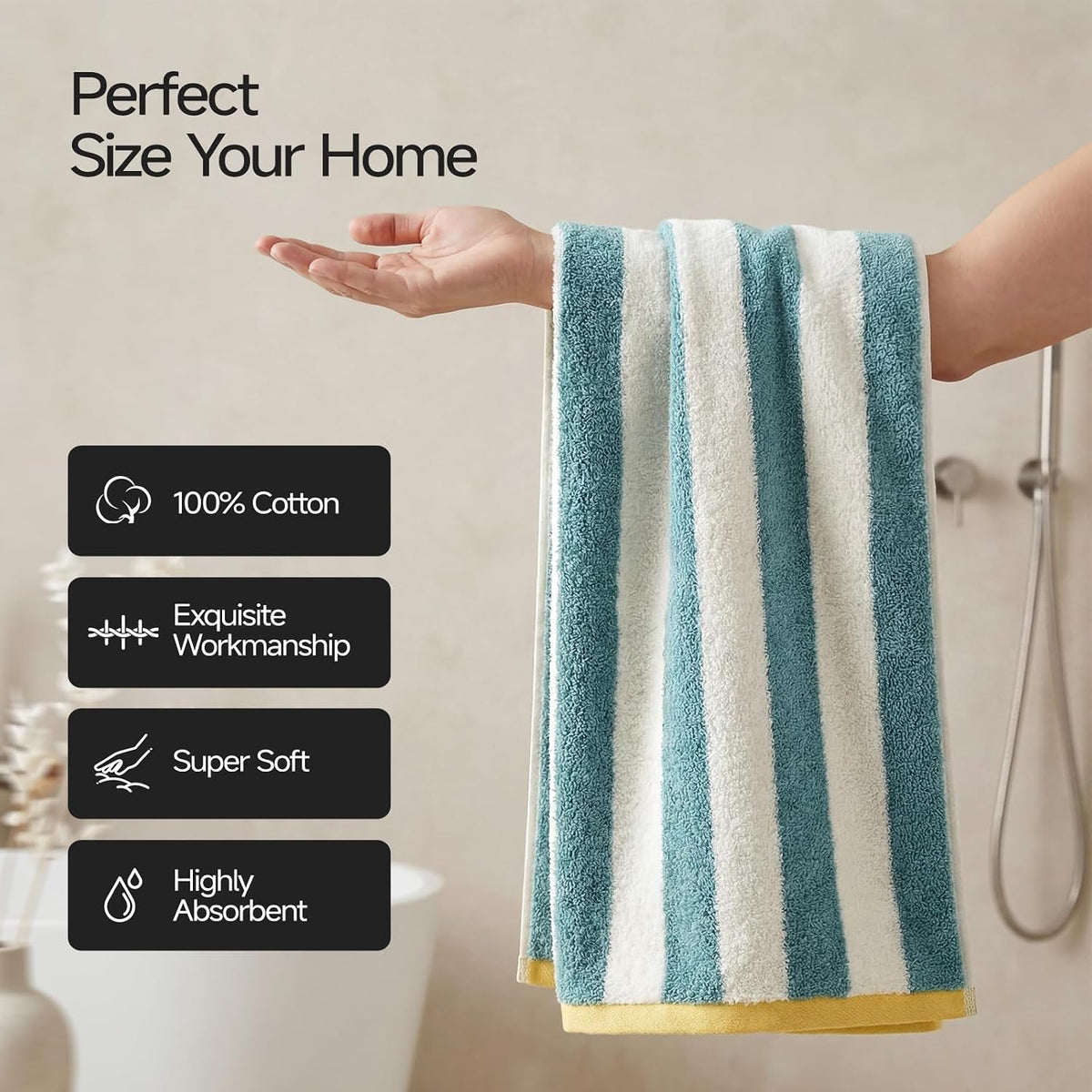 REDKISS Striped Hand Towels for Bathroom, Kitchen Decor, Guest Use, Kids & Adults, 100% Cotton, 12” x 28”, 2 Pack, Green