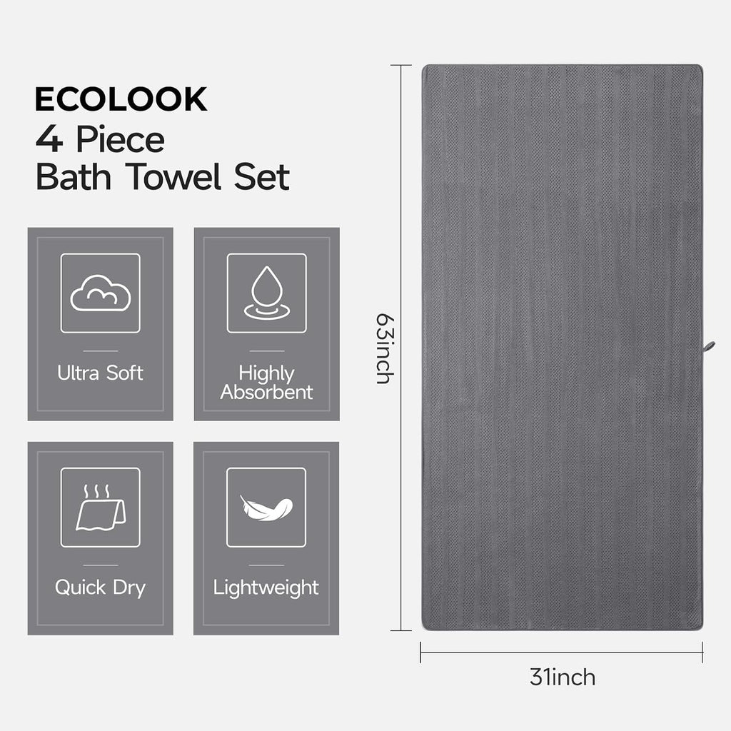 ecolook Microfiber Bath Towels Set of 4, 31 x 63 Inch Extra Large Bath Towel Set, Super Soft & Highly Absorbent, Quick Dry Lightweight Towels for Bathroom, Gym, Spa, Pool & Travel, Gray