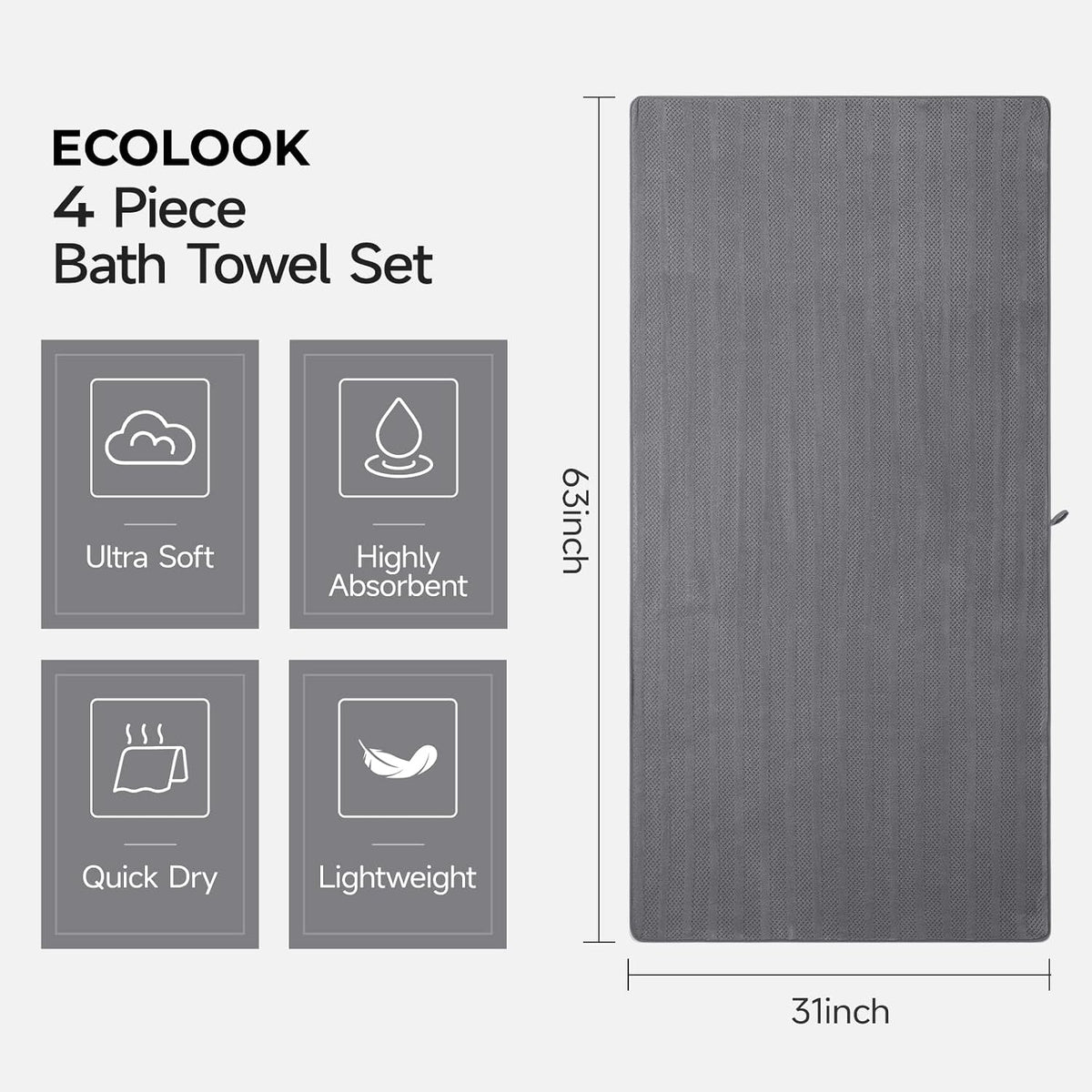 ecolook Microfiber Bath Towels Set of 4, 31 x 63 Inch Extra Large Bath Towel Set, Super Soft & Highly Absorbent, Quick Dry Lightweight Towels for Bathroom, Gym, Spa, Pool & Travel, Gray
