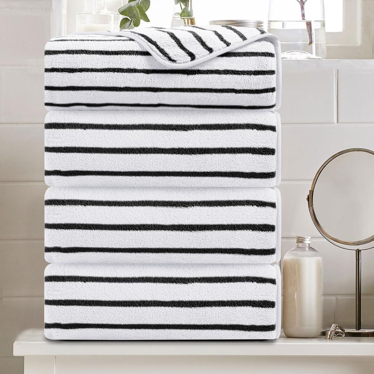 8 Pcs Brown Cabana Stripe Large Bath Towel Set-2 Bathroom Towels,2 Hand Towels,4 Washcloths Lightweight Soft Microfiber Bath Sheet Absorbent Shower Towel Quick Dry Beach Chair Spa Gym Hotel Towels