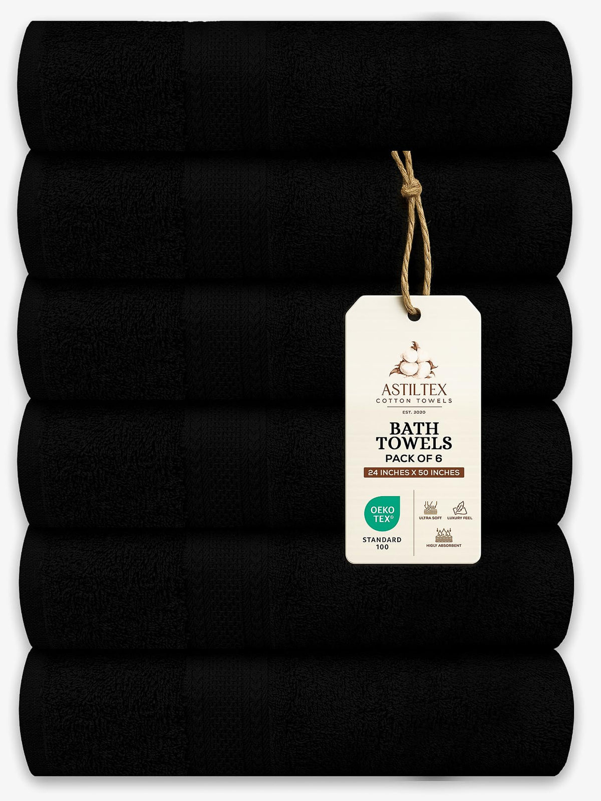 Bath Towels Pack of 6 – 24" x 48" – 100% Cotton Terry, Soft, Quick-Dry & Highly Absorbent – Black Towels for Bathroom, Spa, Gym, Hotel, Pool & Everyday Use