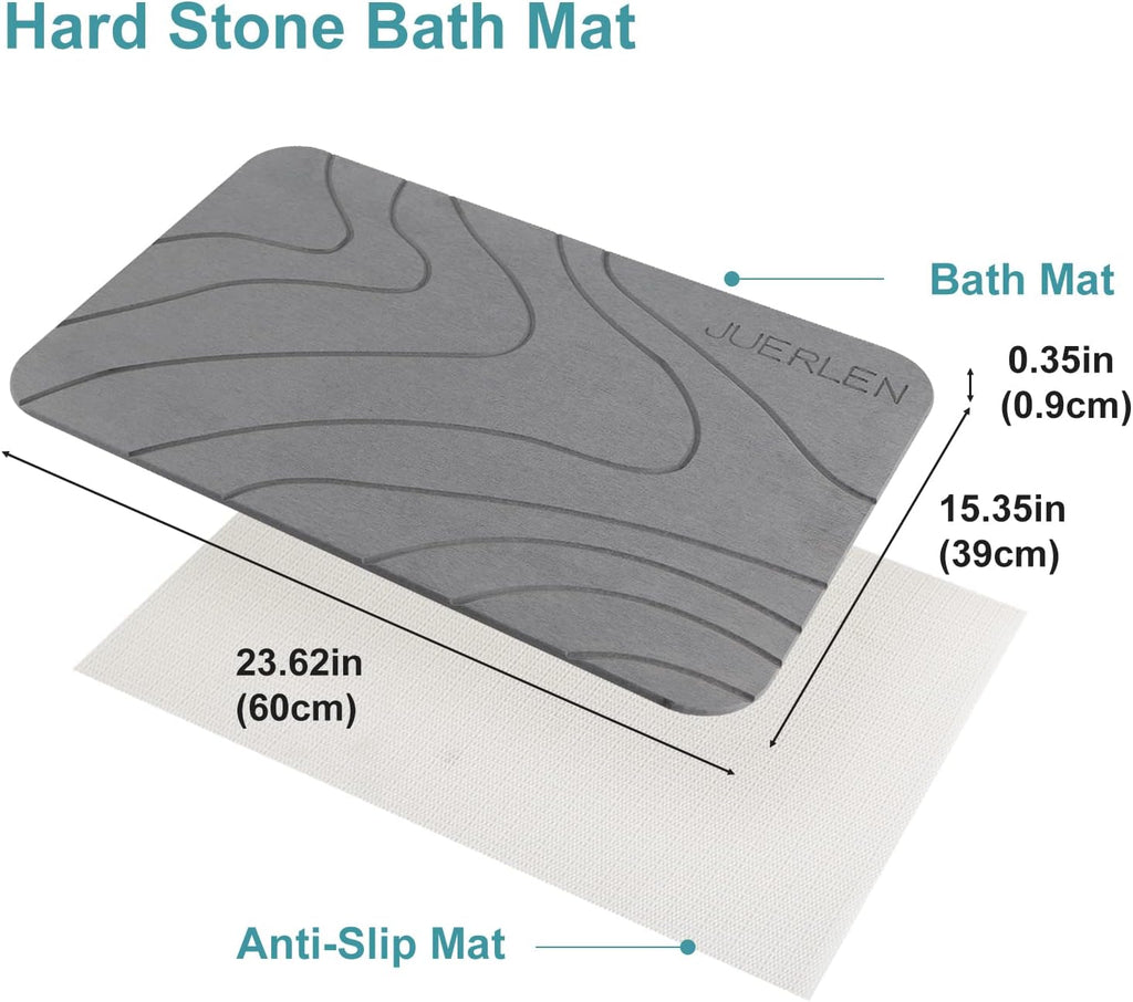 JUERLEN 2 Pack Diatomaceous Earth Shower Mat, Stone Bath Mat, Nonslip Super Absorbent Fast-Drying Hard Bath Mat for Bathroom Shower Floor, 24 x 16 inch, Grey Wave Design