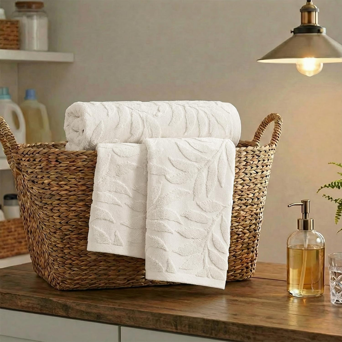 Artoid Mode 2 Pcs Beige 3D Leaves Jacquard Hand Towels for Bathroom, 100% Cotton Soft Absorbent Bathroom Decor Towels, 13.7 x 29.5 Inch