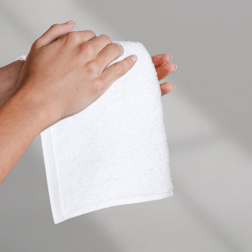 Amazon Basics Fast Drying Cotton Washcloths for Bathroom, Machine Washable, Soft and Highly Absorbent, 12 x 12 in, White, 24-Pack