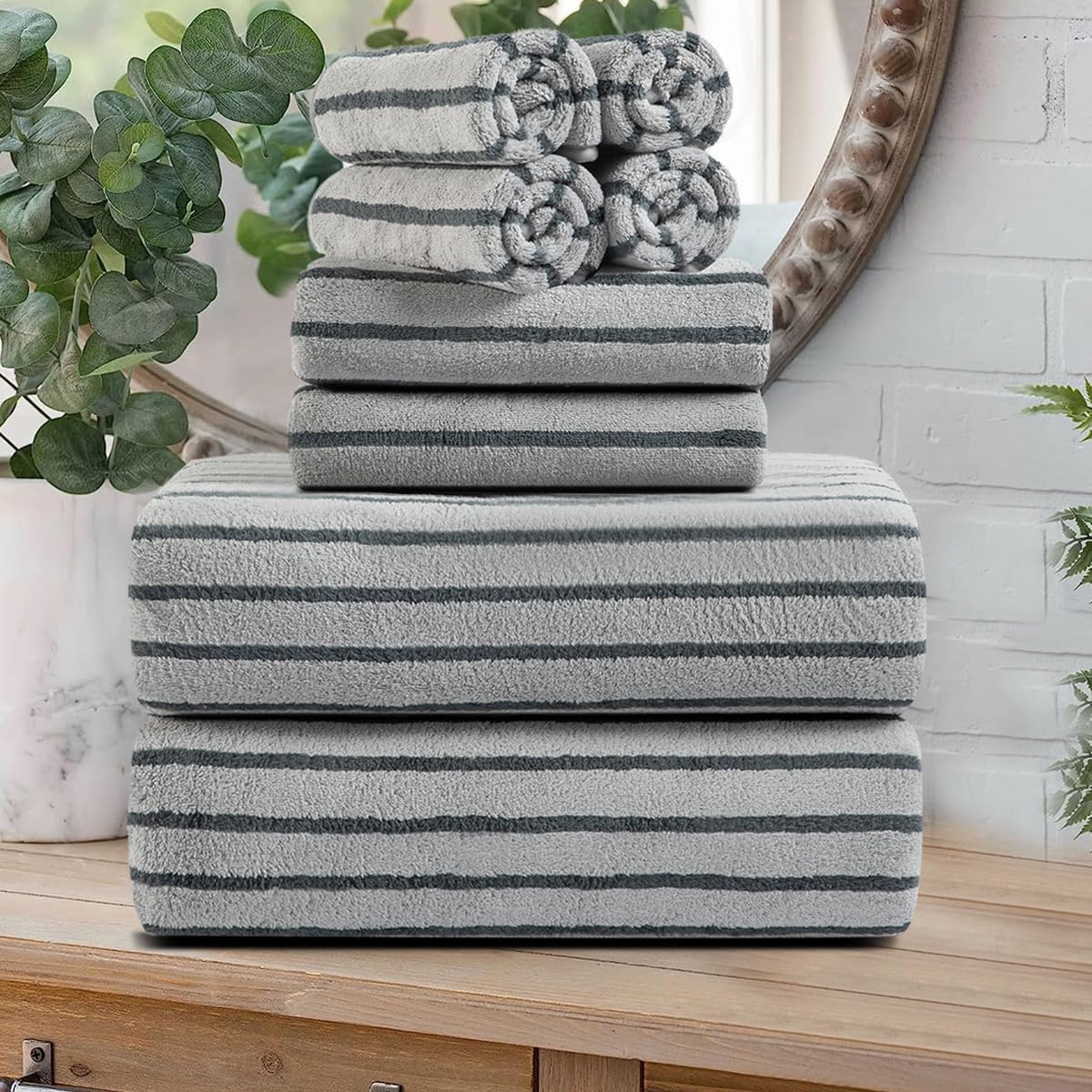 8 Pcs Brown Cabana Stripe Large Bath Towel Set-2 Bathroom Towels,2 Hand Towels,4 Washcloths Lightweight Soft Microfiber Bath Sheet Absorbent Shower Towel Quick Dry Beach Chair Spa Gym Hotel Towels