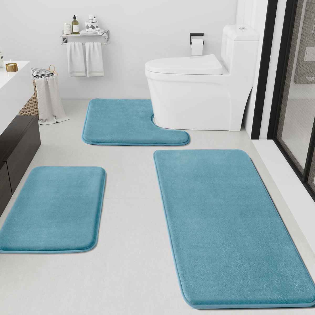 HUXMEYSON Bathroom Rugs Sets 3 Piece, Non-Slip & Quick Dry Bath Mat Set, Ultra Soft Velvet Bath Rugs for Bathroom, Toilet and Shower Floor, Grey
