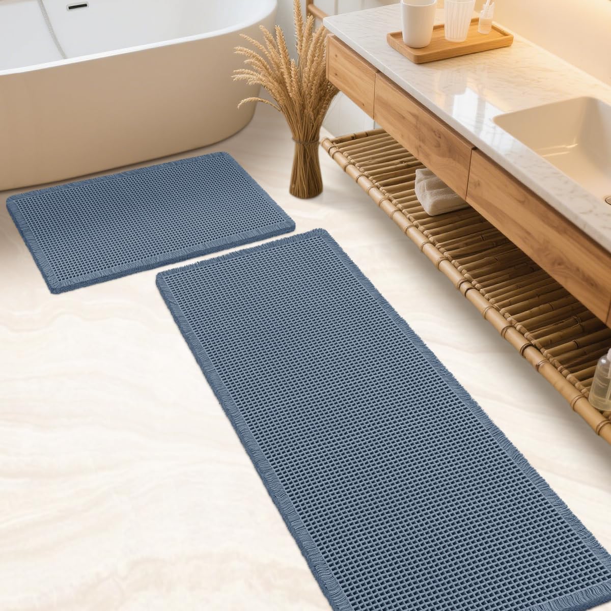 IM HOME Waffle Bath Mat Beige 32"x20", Boho Woven Modern Bath Mat Rugs, Absorbent Non Slip Bathroom Rugs, Soft Washable Bath Rugs with Tassels for Bathroom, Bedroom, Kitchen, Shower, Tub