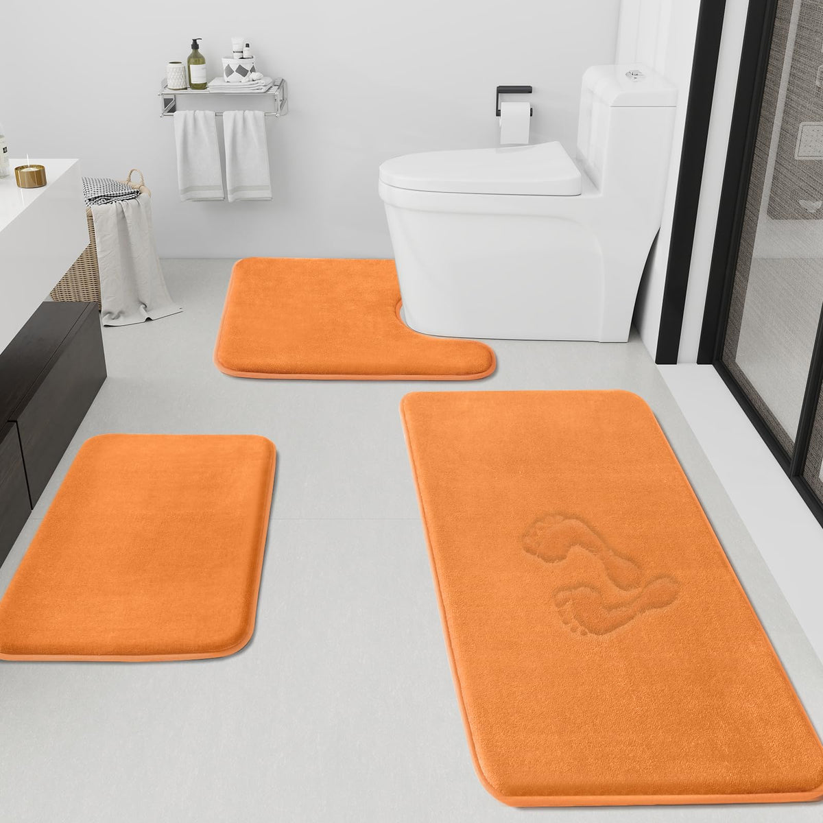 HUXMEYSON Bathroom Rugs Sets 3 Piece, Non-Slip & Quick Dry Bath Mat Set, Ultra Soft Velvet Bath Rugs for Bathroom, Toilet and Shower Floor, Grey