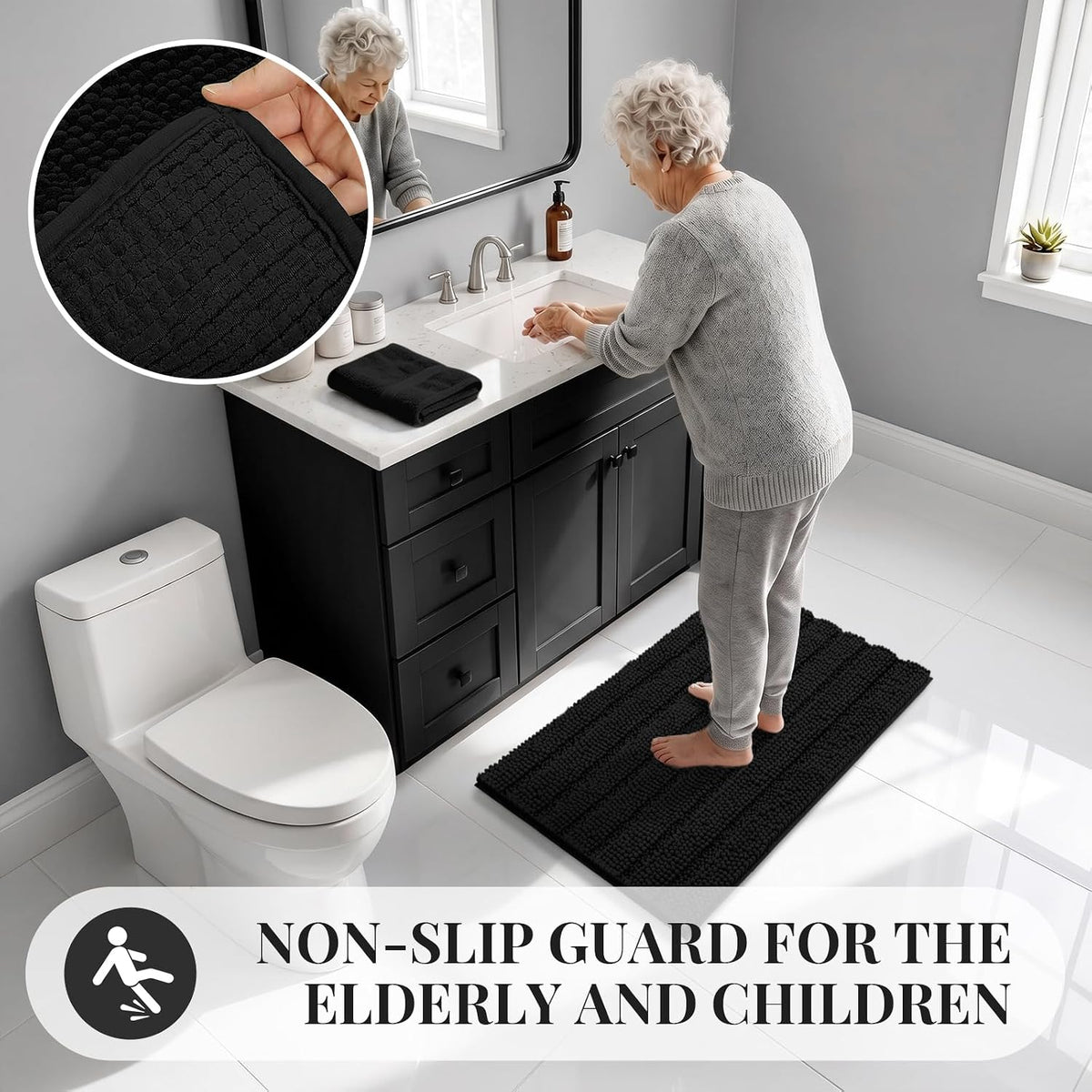 Bcoimo Small Bath Rug Mat,24x17 Chenille Non Slip Black Bathroom Floor Mats
