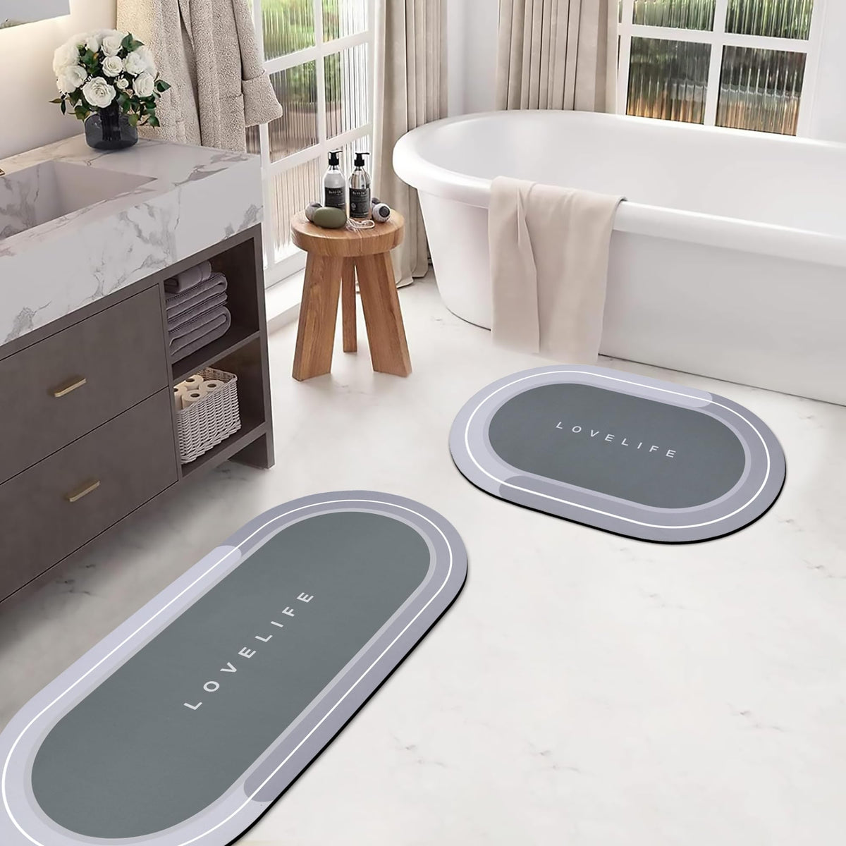 Rubber Bath mats Quick-Drying Non-Slip Bathroom mat Super Absorbent Bath mat Instant Dry Bath mat, Bathroom Rug in Front of The Kitchen Sink, Shower Room, Bathtub, Oval(Grey+16.9x26.7in)