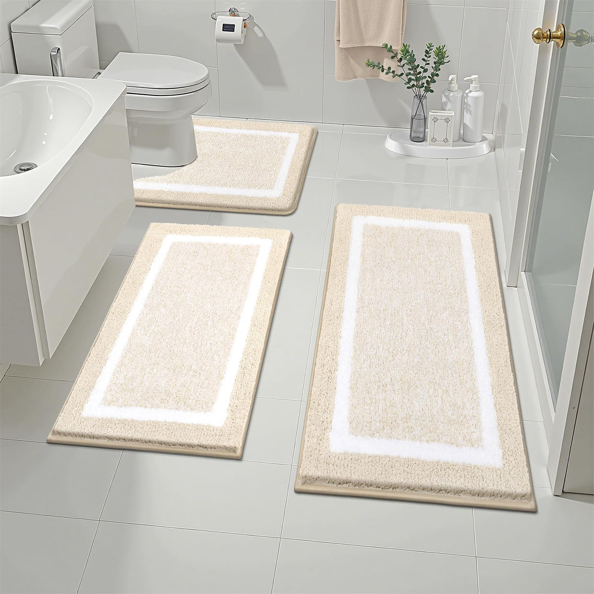 Pauwer Bathroom Rug Sets 3 Piece, Non Slip Washable Bath Mat, Black