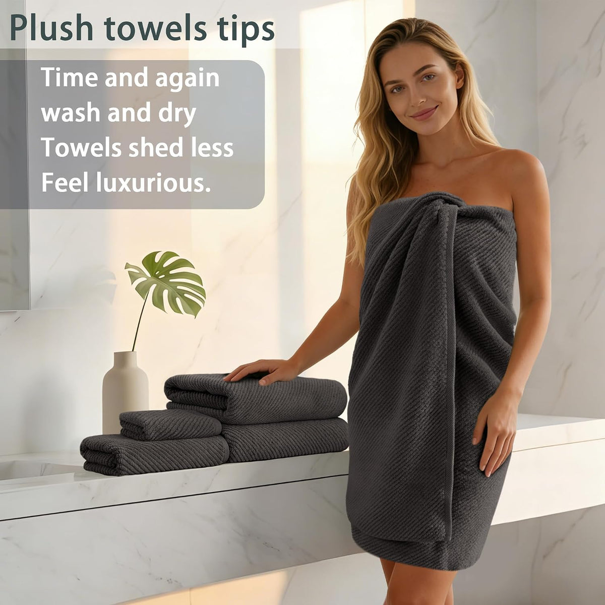 VOOVA & MOVAS 6PC Towel Set, 100% Cotton, Dark Grey