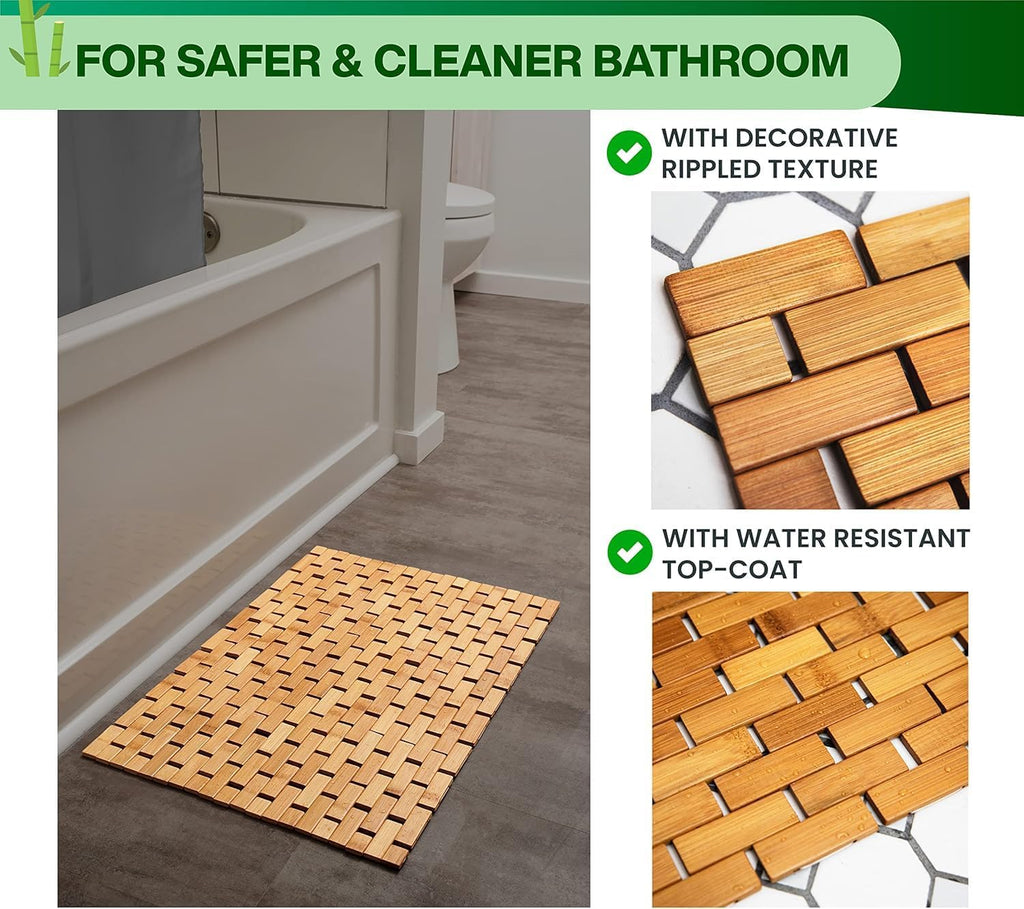 Bamboo Bath Mat, 34 x 18 Inch Foldable Roll-Up Wood Bathmat
