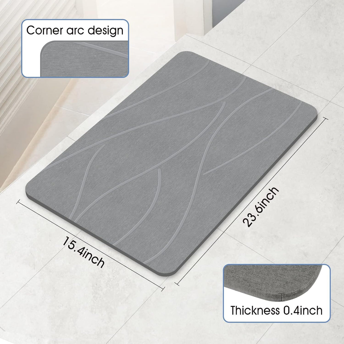 VEELOIM Stone Bath Mat, Diatomaceous Earth Shower Mat for Bathroom Grey