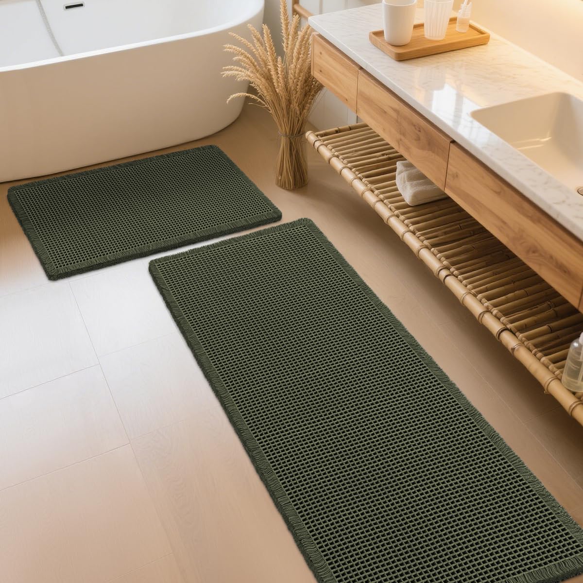 IM HOME Waffle Bath Mat Beige 32"x20", Boho Woven Modern Bath Mat Rugs, Absorbent Non Slip Bathroom Rugs, Soft Washable Bath Rugs with Tassels for Bathroom, Bedroom, Kitchen, Shower, Tub
