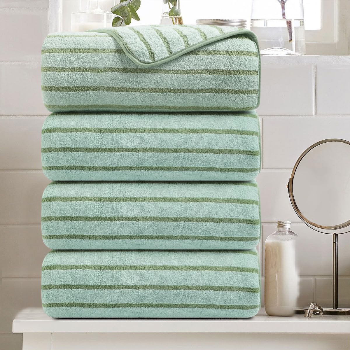 8 Pcs Brown Cabana Stripe Large Bath Towel Set-2 Bathroom Towels,2 Hand Towels,4 Washcloths Lightweight Soft Microfiber Bath Sheet Absorbent Shower Towel Quick Dry Beach Chair Spa Gym Hotel Towels