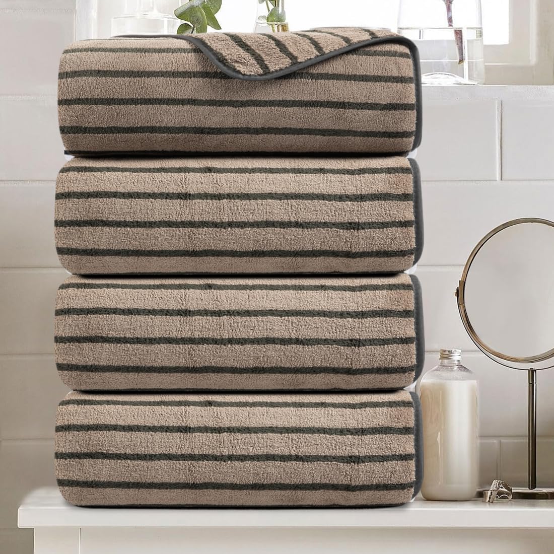 8 Pcs Brown Cabana Stripe Large Bath Towel Set-2 Bathroom Towels,2 Hand Towels,4 Washcloths Lightweight Soft Microfiber Bath Sheet Absorbent Shower Towel Quick Dry Beach Chair Spa Gym Hotel Towels