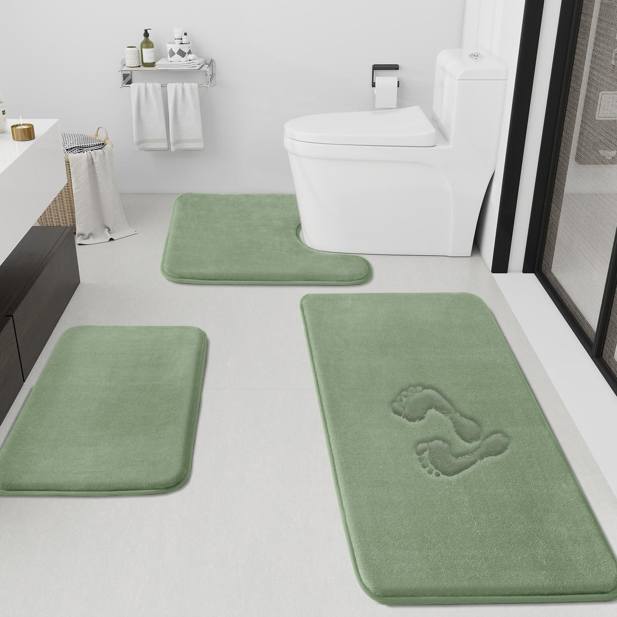 HUXMEYSON Bathroom Rugs Sets 3 Piece, Non-Slip & Quick Dry Bath Mat Set, Ultra Soft Velvet Bath Rugs for Bathroom, Toilet and Shower Floor, Grey