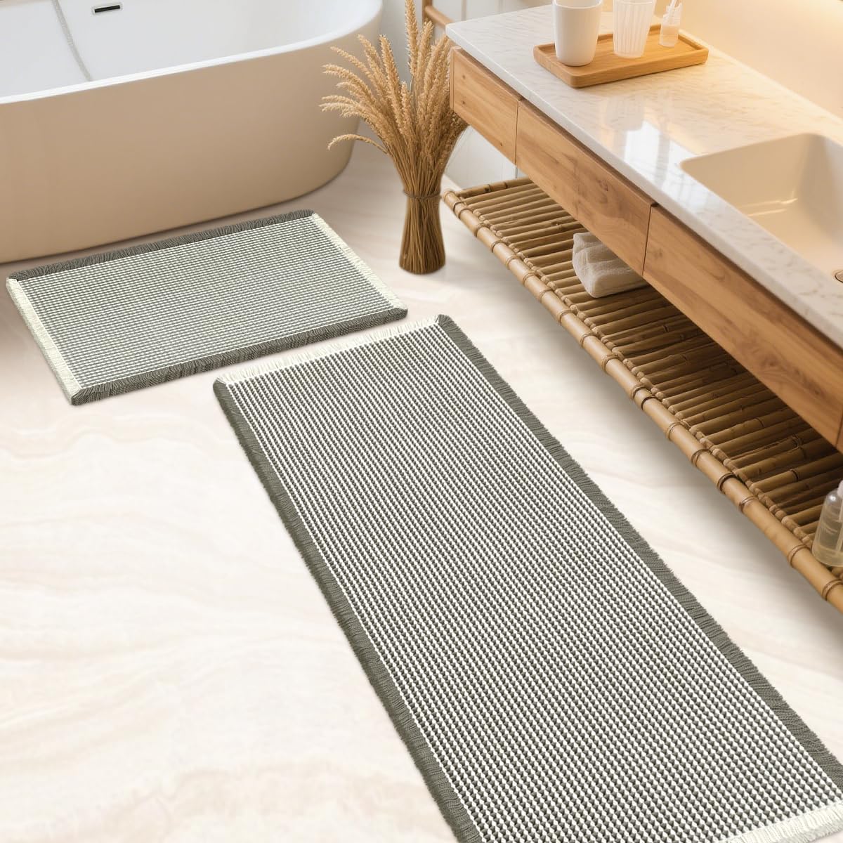 IM HOME Waffle Bath Mat Beige 32"x20", Boho Woven Modern Bath Mat Rugs, Absorbent Non Slip Bathroom Rugs, Soft Washable Bath Rugs with Tassels for Bathroom, Bedroom, Kitchen, Shower, Tub