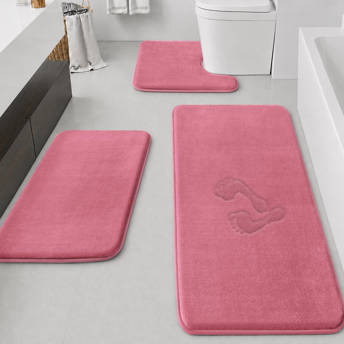 HUXMEYSON Bathroom Rugs Sets 3 Piece, Non-Slip & Quick Dry Bath Mat Set, Ultra Soft Velvet Bath Rugs for Bathroom, Toilet and Shower Floor, Grey