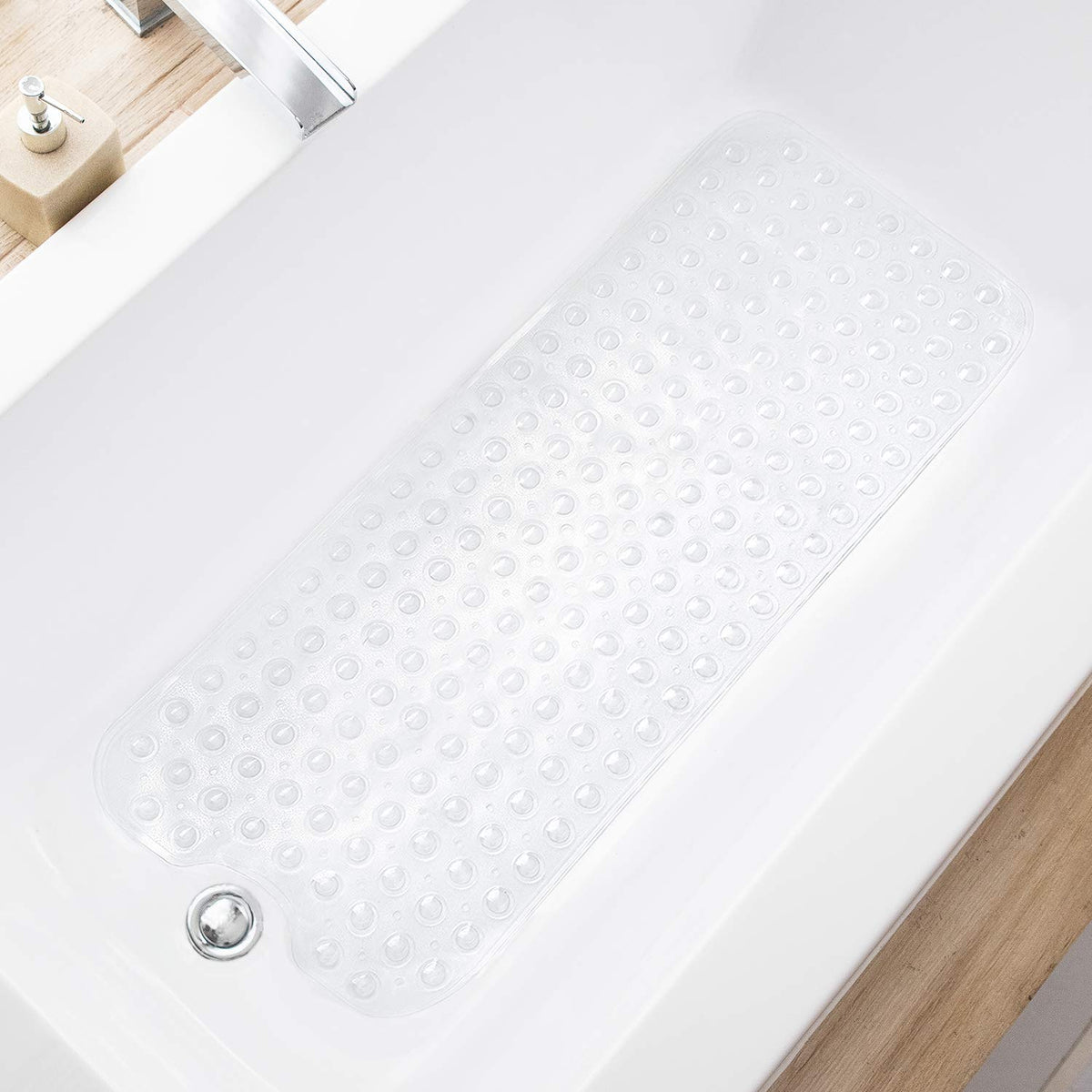 TEESHLY Bathtub Mats for Shower Tub, Extra Long Non-Slip 39 x 16 Inch Bath Mat with Drain Holes and Suction Cups, BathMat for Bathroom with Machine Washable (Clear Grey)