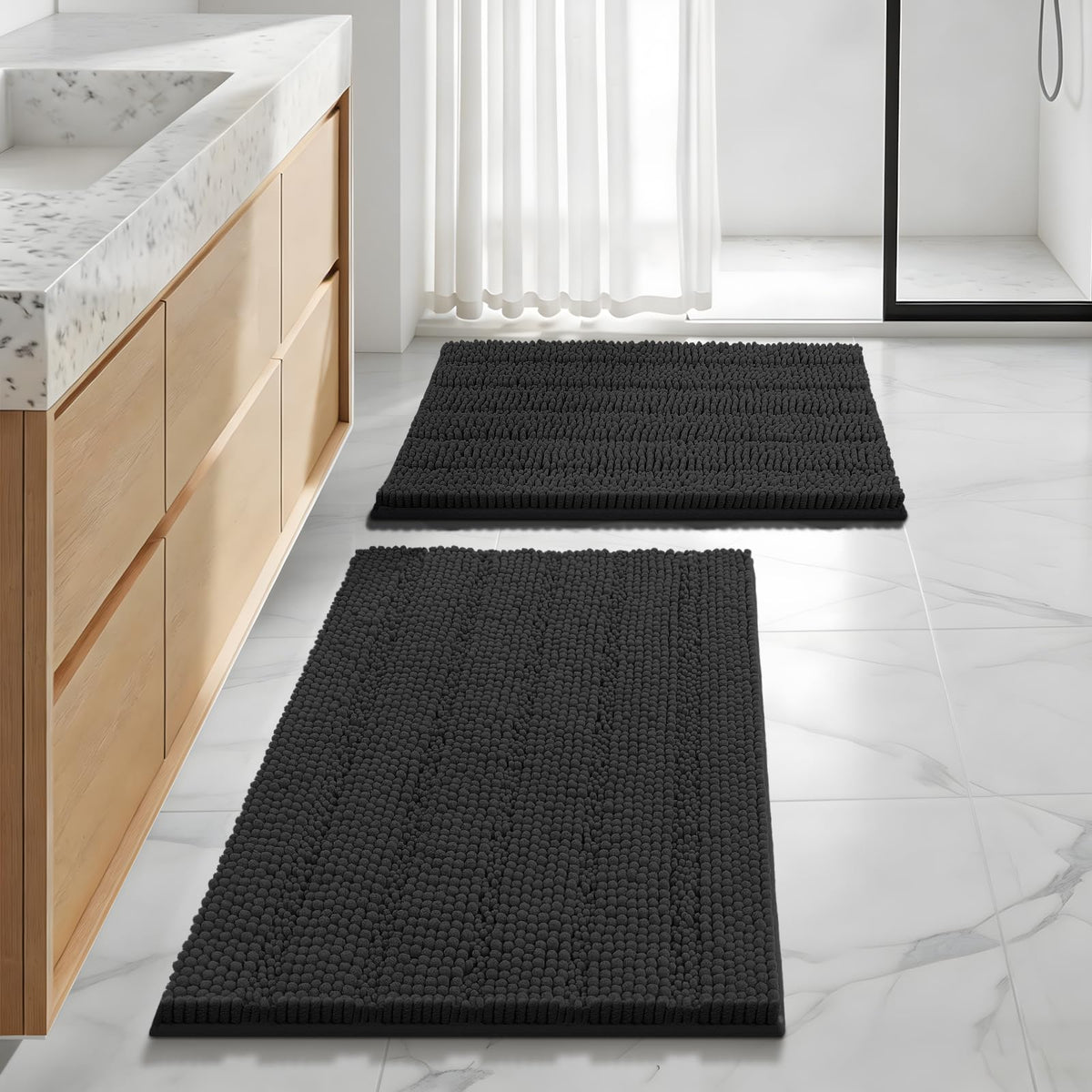 Bcoimo Small Bath Rug Mat,24x17 Chenille Non Slip Black Bathroom Floor Mats